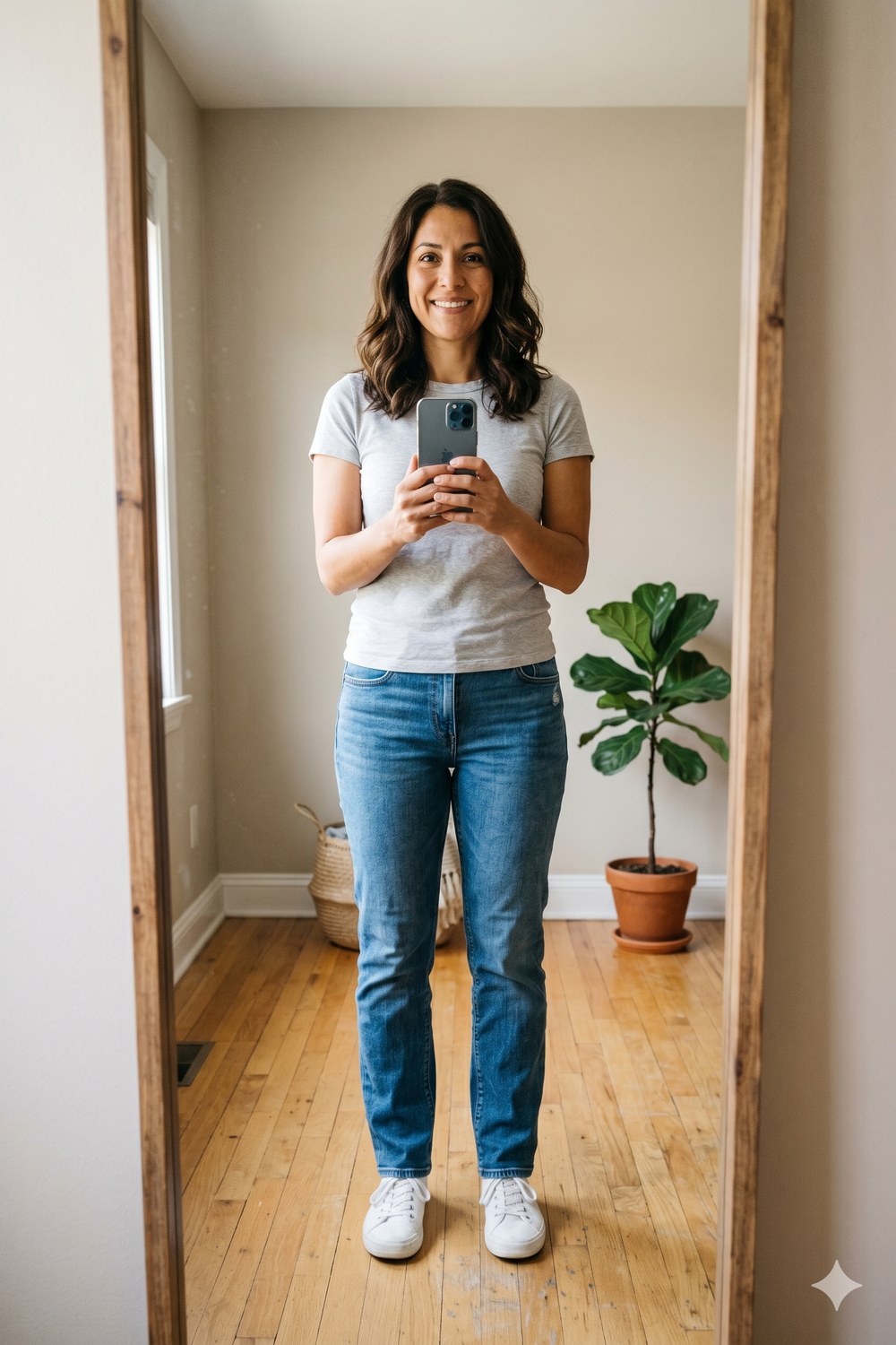 Example: a mirror selfie with full body visible, phone at chest height